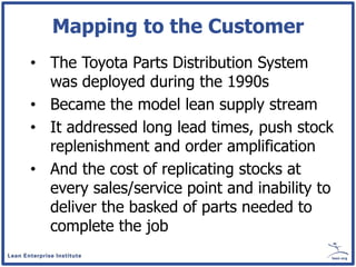 Mapping to the Customer
• The Toyota Parts Distribution System
  was deployed during the 1990s
• Became the model lean sup...