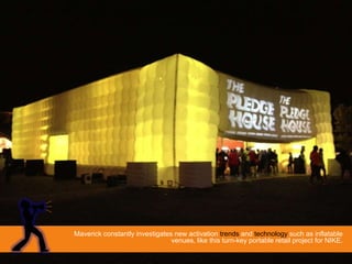 0 – 9 Year Activities Area



    •
                         BHP BILLITON field.
        Inflatable cube marquee to be erected on bottom
    •  Size of marquee 30 x 15
    •  A crew of 20 individuals qualified and/or trained in working with
       younger childrenJHB Community Event will attend to
                         overseen by 1 senior manager
       the safety and planning DECEMBER 2007
                            4TH of the days activities.
    • All children to be signed in by an adult.
    • An arm band with parents contact number will be
       attached onto each child. The child will not be
       allowed out the demarcated area on any condition.
     Presented by MAVERICK EXPERIENCE EXHILARATOR (PTY) LTD




              Maverick constantly investigates new activation trends and technology such as inflatable
                                              venues, like this turn-key portable retail project for NIKE.
 
