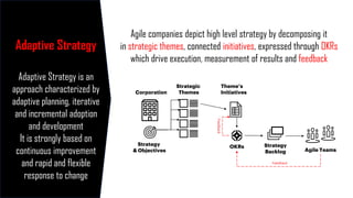 Adaptive Strategy is an
approach characterized by
adaptive planning, iterative
and incremental adoption
and development
It is strongly based on
continuous improvement
and rapid and flexible
response to change
Adaptive Strategy
Agile companies depict high level strategy by decomposing it
in strategic themes, connected initiatives, expressed through OKRs
which drive execution, measurement of results and feedback
Strategic
Themes
Corporation
Theme’s
Initiatives
Agile Teams
Strategy
Backlog
OKRs
Strategy
& Objectives
Feedback
Feedback
 