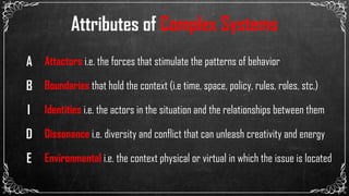 E
A
B
I
D
Attactors i.e. the forces that stimulate the patterns of behavior
Boundaries that hold the context (i.e time, space, policy, rules, roles, stc,)
Identities i.e. the actors in the situation and the relationships between them
Dissonance i.e. diversity and conflict that can unleash creativity and energy
Environmental i.e. the context physical or virtual in which the issue is located
Attributes of Complex Systems
 