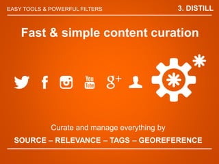 EASY TOOLS & POWERFUL FILTERS
Curate and manage everything by
SOURCE C RELEVANCE C TAGS C GEOREFERENCE
Fast & simple content curation
3. DISTILL
 