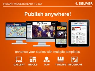 INSTANT WIDGETS READY TO GO
GALLERY
Publish anywhere!
enhance your stories with multiple templates
BRICKS MAP TIMELINE INFOGRAPH
4. DELIVER
 