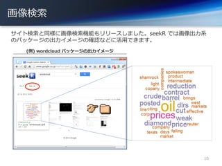 画像検索
サイト検索と同様に画像検索機能もリリースしました。seekR では画像出力系
のパッケージの出力イメージの確認などに活用できます。
10
(例) wordcloud パッケージの出力イメージ
 