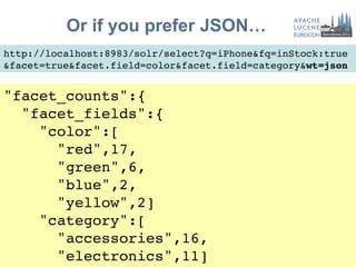 Or if you prefer JSON…
http://localhost:8983/solr/select?q=iPhone&fq=inStock:true!
&facet=true&facet.field=color&facet.field=category&wt=json!


"facet_counts":{!
  "facet_fields":{!
    "color":[!
      "red",17,!
      "green",6,!
      "blue",2,      !
      "yellow",2]!
    "category":[!
      "accessories",16,!
      "electronics",11]!     11
 