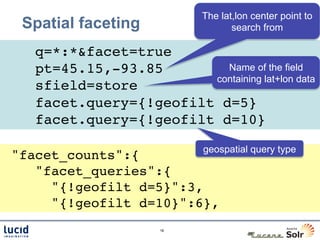 The lat,lon center point to
 Spatial faceting                  search from

  !q=*:*&facet=true!
 !pt=45.15,-93.85!       Name of the field
                       containing lat+lon data
 !sfield=store!
 !facet.query={!geofilt d=5}!
 !facet.query={!geofilt d=10}!

                            geospatial query type
"facet_counts":{!
   "facet_queries":{!
     "{!geofilt d=5}":3,!
     "{!geofilt d=10}":6},!
                     16
 