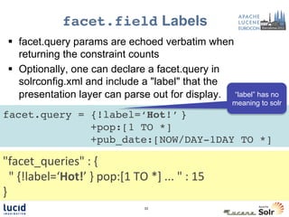 facet.field Labels
  §  facet.query params are echoed verbatim when
      returning the constraint counts
  §  Optionally, one can declare a facet.query in
      solrconfig.xml and include a "label" that the
      presentation layer can parse out for display. “label” has no
                                                                                    meaning to solr
facet.query = {!label=‘Hot!’	
  }!
              +pop:[1 TO *] !
              +pub_date:[NOW/DAY-1DAY TO *]!

"facet_queries"	
  :	
  {	
  
	
  	
  "	
  {!label=‘Hot!’	
  }	
  pop:[1	
  TO	
  *]	
  ...	
  "	
  :	
  15	
  
}	
  
                                                        33
 