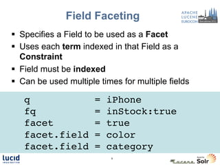 Field Faceting
§  Specifies a Field to be used as a Facet
§  Uses each term indexed in that Field as a
    Constraint
§  Field must be indexed
§  Can be used multiple times for multiple fields

  q
  !                    =   iPhone!
    !
 !fq                   =   inStock:true!
 !facet                =   true!
 !facet.field          =   color!
 !facet.field          =   category!
                            9
 