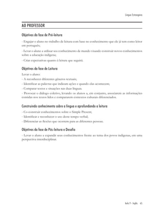 Língua Estrangeira


AO PROFESSOR

Objetivos da fase de Pré-leitura
- Engajar o aluno no trabalho de leitura com base no conhecimento que ele já tem como leitor
em português;
- Levar o aluno a utilizar seu conhecimento de mundo visando construir novos conhecimentos
sobre a educação indígena;
- Criar expectativas quanto à leitura que seguirá.

Objetivos da fase de Leitura
Levar o aluno:
- A reconhecer diferentes gêneros textuais;
- Identiﬁcar as palavras que indicam ações e quando elas acontecem;
- Comparar textos e situações nas duas línguas.
- Provocar o diálogo coletivo, levando os alunos a, em conjunto, associarem as informações
contidas nos textos lidos e compararem contextos culturais diferenciados.

Construindo conhecimento sobre a língua e aprofundando a leitura
- Co-construir conhecimentos sobre o Simple Present;
- Identiﬁcar e reconhecer o uso deste tempo verbal;
- Diferenciar as ﬂexões que ocorrem para as diferentes pessoas.

Objetivos da fase de Pós-leitura e Desafio
- Levar o aluno a expandir seus conhecimentos frente ao tema dos povos indígenas, em uma
perspectiva interdisciplinar.




                                                                              Aula 9 - Inglês 65
 