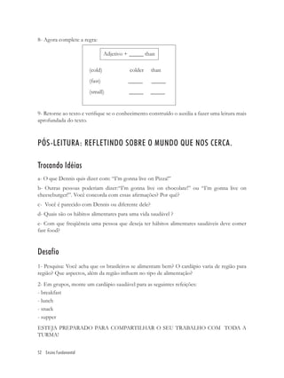 8- Agora complete a regra:

                                 Adjetivo + _____ than

                        (cold)             colder   than
                        (fast)             _____    _____
                        (small)            _____    _____


9- Retorne ao texto e veriﬁque se o conhecimento construído o auxilia a fazer uma leitura mais
aprofundada do texto.



PÓS-LEITURA: REFLETINDO SOBRE O MUNDO QUE NOS CERCA.

Trocando Idéias
a- O que Dennis quis dizer com: “I’m gonna live on Pizza!”
b- Outras pessoas poderiam dizer:“I’m gonna live on chocolate!” ou “I’m gonna live on
cheeseburger!”. Você concorda com essas aﬁrmações? Por quê?
c- Você é parecido com Dennis ou diferente dele?
d- Quais são os hábitos alimentares para uma vida saudável ?
e- Com que freqüência uma pessoa que deseja ter hábitos alimentares saudáveis deve comer
fast food?


Desafio
1- Pesquisa: Você acha que os brasileiros se alimentam bem? O cardápio varia de região para
região? Que aspectos, além da região inﬂuem no tipo de alimentação?
2- Em grupos, monte um cardápio saudável para as seguintes refeições:
- breakfast
- lunch
- snack
- supper
ESTEJA PREPARADO PARA COMPARTILHAR O SEU TRABALHO COM TODA A
TURMA!


52 Ensino Fundamental
 