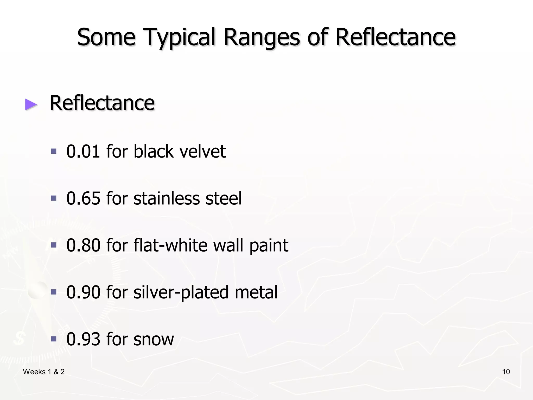 Weeks 1 & 2 10
Some Typical Ranges of Reflectance
► Reflectance
 0.01 for black velvet
 0.65 for stainless steel
 0.80 for flat-white wall paint
 0.90 for silver-plated metal
 0.93 for snow
 