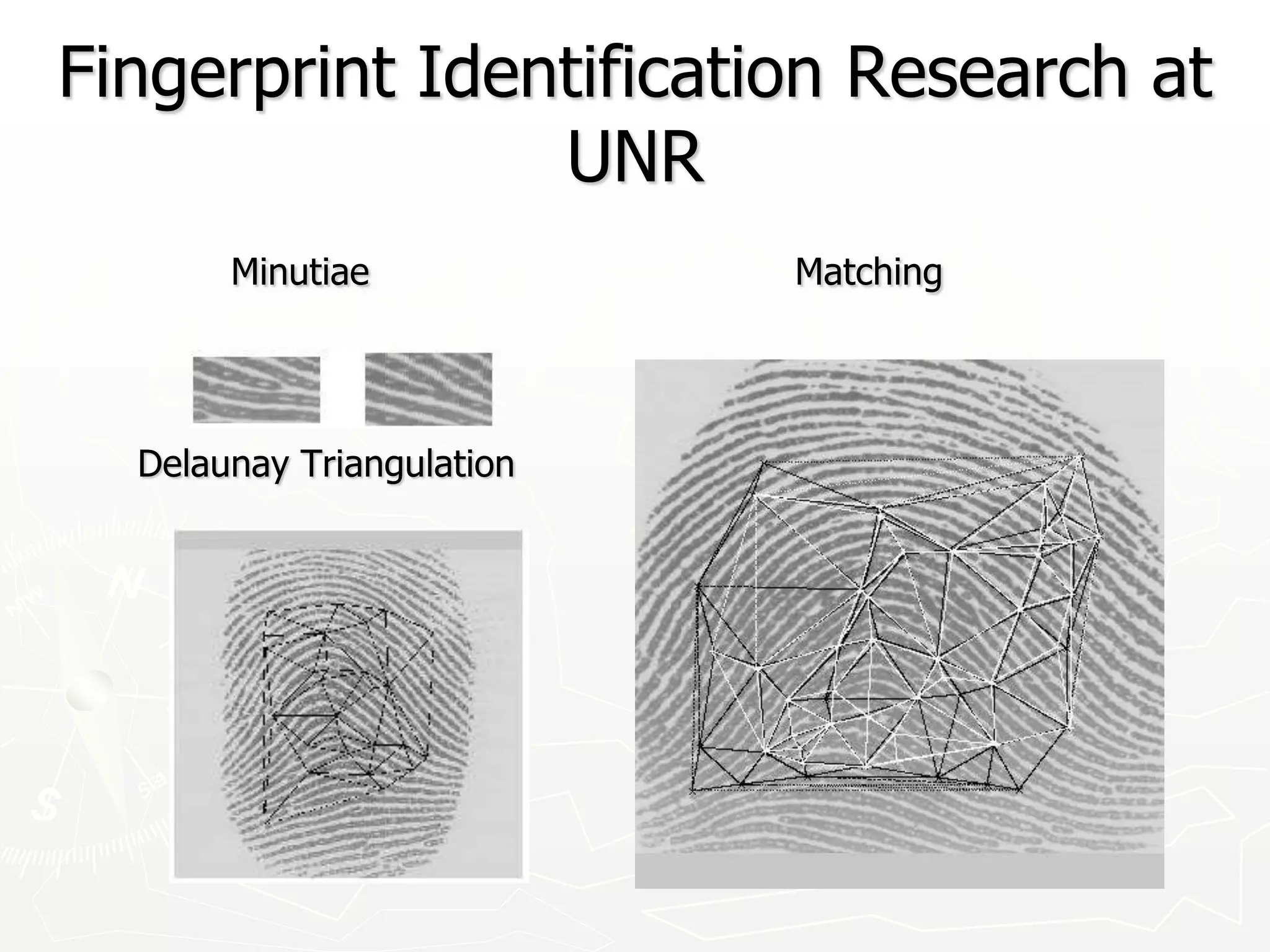 Fingerprint Identification Research at
UNR
Minutiae Matching
Delaunay Triangulation
 