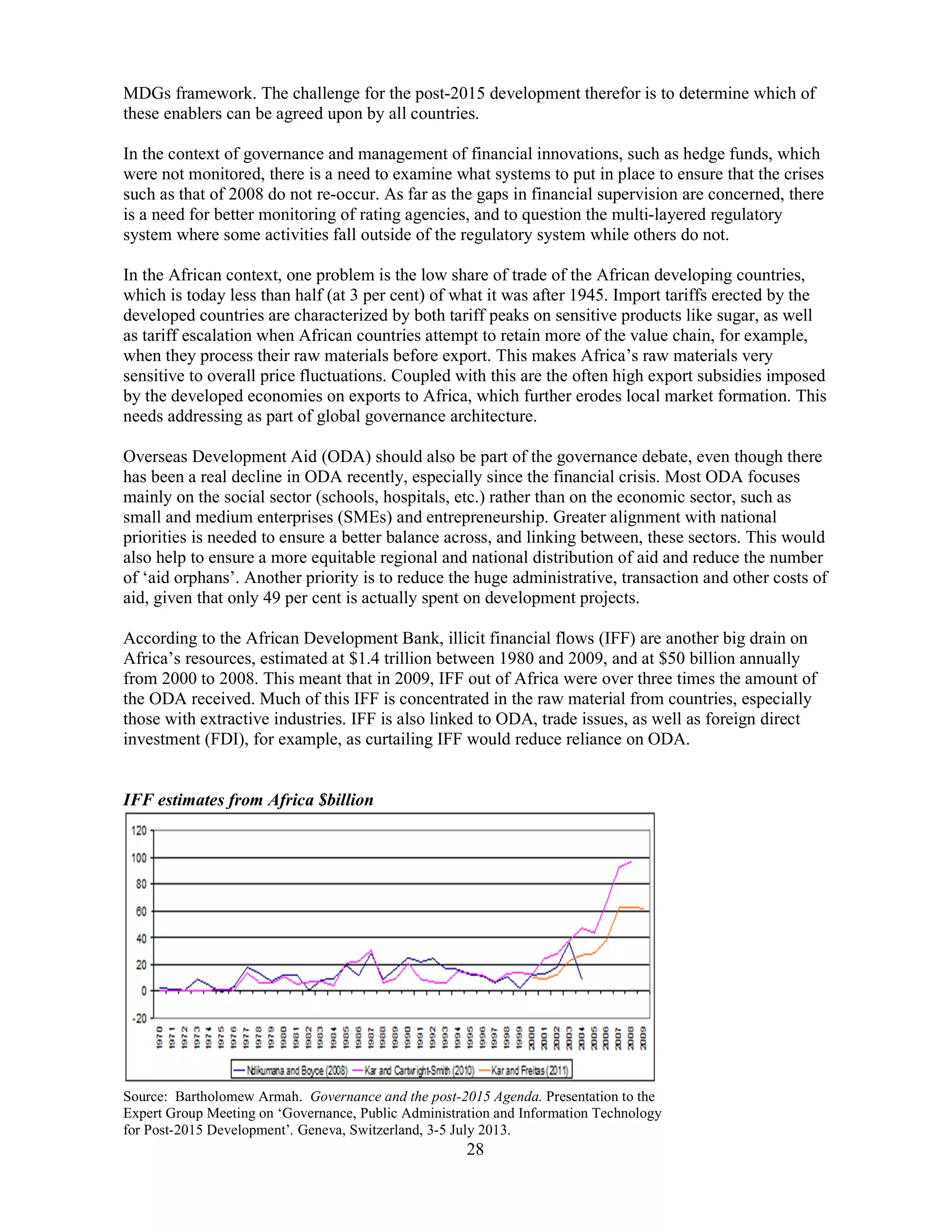 28
MDGs framework. The challenge for the post-2015 development therefor is to determine which of
these enablers can be agreed upon by all countries.
In the context of governance and management of financial innovations, such as hedge funds, which
were not monitored, there is a need to examine what systems to put in place to ensure that the crises
such as that of 2008 do not re-occur. As far as the gaps in financial supervision are concerned, there
is a need for better monitoring of rating agencies, and to question the multi-layered regulatory
system where some activities fall outside of the regulatory system while others do not.
In the African context, one problem is the low share of trade of the African developing countries,
which is today less than half (at 3 per cent) of what it was after 1945. Import tariffs erected by the
developed countries are characterized by both tariff peaks on sensitive products like sugar, as well
as tariff escalation when African countries attempt to retain more of the value chain, for example,
when they process their raw materials before export. This makes Africa’s raw materials very
sensitive to overall price fluctuations. Coupled with this are the often high export subsidies imposed
by the developed economies on exports to Africa, which further erodes local market formation. This
needs addressing as part of global governance architecture.
Overseas Development Aid (ODA) should also be part of the governance debate, even though there
has been a real decline in ODA recently, especially since the financial crisis. Most ODA focuses
mainly on the social sector (schools, hospitals, etc.) rather than on the economic sector, such as
small and medium enterprises (SMEs) and entrepreneurship. Greater alignment with national
priorities is needed to ensure a better balance across, and linking between, these sectors. This would
also help to ensure a more equitable regional and national distribution of aid and reduce the number
of ‘aid orphans’. Another priority is to reduce the huge administrative, transaction and other costs of
aid, given that only 49 per cent is actually spent on development projects.
According to the African Development Bank, illicit financial flows (IFF) are another big drain on
Africa’s resources, estimated at $1.4 trillion between 1980 and 2009, and at $50 billion annually
from 2000 to 2008. This meant that in 2009, IFF out of Africa were over three times the amount of
the ODA received. Much of this IFF is concentrated in the raw material from countries, especially
those with extractive industries. IFF is also linked to ODA, trade issues, as well as foreign direct
investment (FDI), for example, as curtailing IFF would reduce reliance on ODA.
IFF estimates from Africa $billion
Source: Bartholomew Armah. Governance and the post-2015 Agenda. Presentation to the
Expert Group Meeting on ‘Governance, Public Administration and Information Technology
for Post-2015 Development’. Geneva, Switzerland, 3-5 July 2013.
 