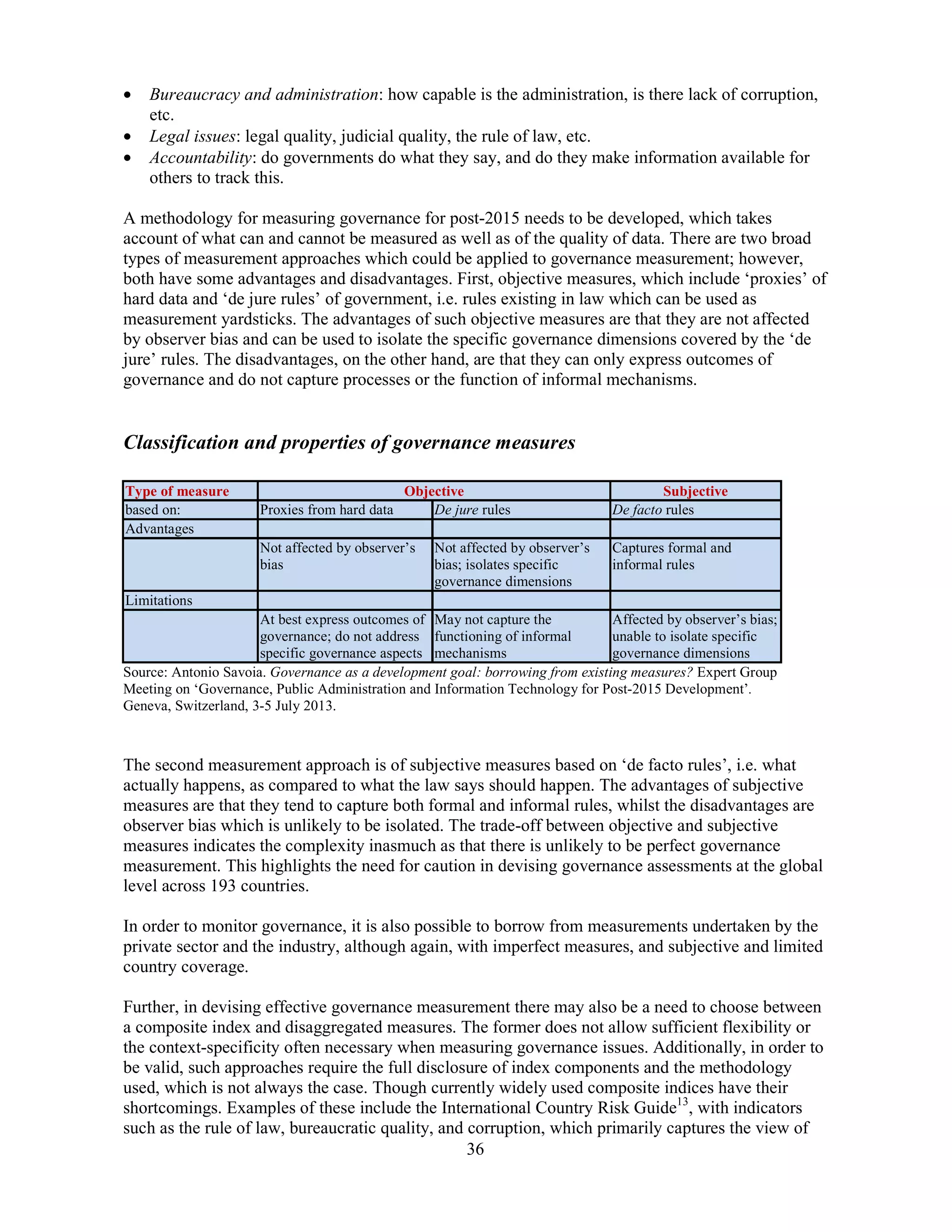 36
• Bureaucracy and administration: how capable is the administration, is there lack of corruption,
etc.
• Legal issues: legal quality, judicial quality, the rule of law, etc.
• Accountability: do governments do what they say, and do they make information available for
others to track this.
A methodology for measuring governance for post-2015 needs to be developed, which takes
account of what can and cannot be measured as well as of the quality of data. There are two broad
types of measurement approaches which could be applied to governance measurement; however,
both have some advantages and disadvantages. First, objective measures, which include ‘proxies’ of
hard data and ‘de jure rules’ of government, i.e. rules existing in law which can be used as
measurement yardsticks. The advantages of such objective measures are that they are not affected
by observer bias and can be used to isolate the specific governance dimensions covered by the ‘de
jure’ rules. The disadvantages, on the other hand, are that they can only express outcomes of
governance and do not capture processes or the function of informal mechanisms.
Classification and properties of governance measures
Type of measure Objective Subjective
based on: Proxies from hard data De jure rules De facto rules
Advantages
Not affected by observer’s
bias
Not affected by observer’s
bias; isolates specific
governance dimensions
Captures formal and
informal rules
Limitations
At best express outcomes of
governance; do not address
specific governance aspects
May not capture the
functioning of informal
mechanisms
Affected by observer’s bias;
unable to isolate specific
governance dimensions
Source: Antonio Savoia. Governance as a development goal: borrowing from existing measures? Expert Group
Meeting on ‘Governance, Public Administration and Information Technology for Post-2015 Development’.
Geneva, Switzerland, 3-5 July 2013.
The second measurement approach is of subjective measures based on ‘de facto rules’, i.e. what
actually happens, as compared to what the law says should happen. The advantages of subjective
measures are that they tend to capture both formal and informal rules, whilst the disadvantages are
observer bias which is unlikely to be isolated. The trade-off between objective and subjective
measures indicates the complexity inasmuch as that there is unlikely to be perfect governance
measurement. This highlights the need for caution in devising governance assessments at the global
level across 193 countries.
In order to monitor governance, it is also possible to borrow from measurements undertaken by the
private sector and the industry, although again, with imperfect measures, and subjective and limited
country coverage.
Further, in devising effective governance measurement there may also be a need to choose between
a composite index and disaggregated measures. The former does not allow sufficient flexibility or
the context-specificity often necessary when measuring governance issues. Additionally, in order to
be valid, such approaches require the full disclosure of index components and the methodology
used, which is not always the case. Though currently widely used composite indices have their
shortcomings. Examples of these include the International Country Risk Guide13
, with indicators
such as the rule of law, bureaucratic quality, and corruption, which primarily captures the view of
 