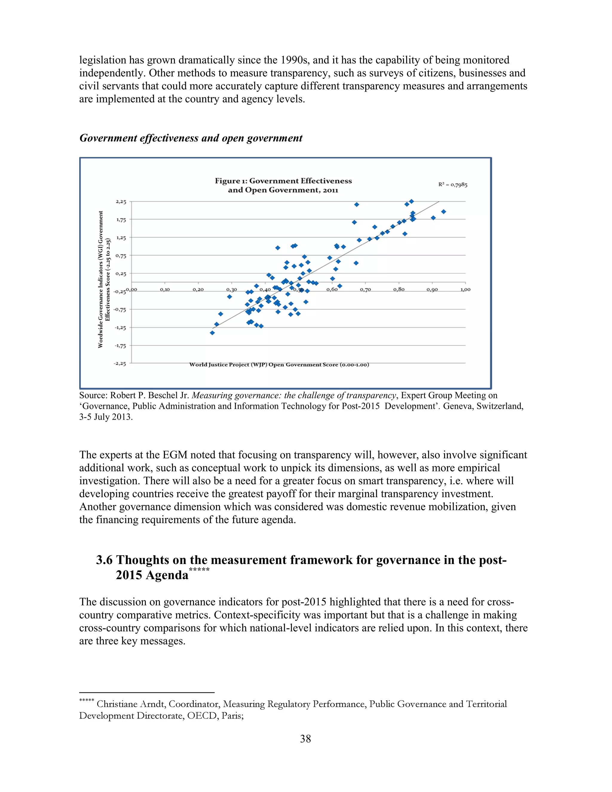 38
legislation has grown dramatically since the 1990s, and it has the capability of being monitored
independently. Other methods to measure transparency, such as surveys of citizens, businesses and
civil servants that could more accurately capture different transparency measures and arrangements
are implemented at the country and agency levels.
Government effectiveness and open government
Source: Robert P. Beschel Jr. Measuring governance: the challenge of transparency, Expert Group Meeting on
‘Governance, Public Administration and Information Technology for Post-2015 Development’. Geneva, Switzerland,
3-5 July 2013.
The experts at the EGM noted that focusing on transparency will, however, also involve significant
additional work, such as conceptual work to unpick its dimensions, as well as more empirical
investigation. There will also be a need for a greater focus on smart transparency, i.e. where will
developing countries receive the greatest payoff for their marginal transparency investment.
Another governance dimension which was considered was domestic revenue mobilization, given
the financing requirements of the future agenda.
3.6 Thoughts on the measurement framework for governance in the post-
2015 Agenda*****
The discussion on governance indicators for post-2015 highlighted that there is a need for cross-
country comparative metrics. Context-specificity was important but that is a challenge in making
cross-country comparisons for which national-level indicators are relied upon. In this context, there
are three key messages.
*****
Christiane Arndt, Coordinator, Measuring Regulatory Performance, Public Governance and Territorial
Development Directorate, OECD, Paris;
 