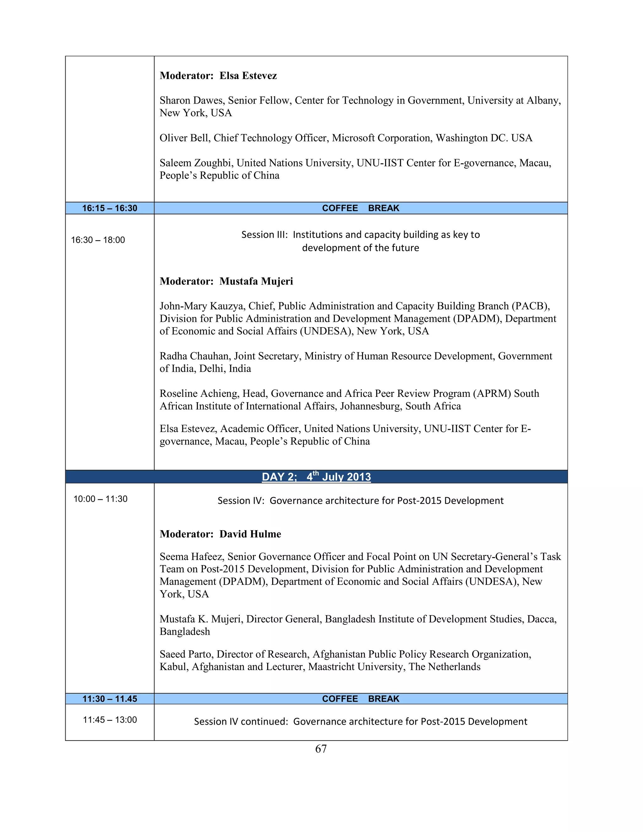 67
Moderator: Elsa Estevez
Sharon Dawes, Senior Fellow, Center for Technology in Government, University at Albany,
New York, USA
Oliver Bell, Chief Technology Officer, Microsoft Corporation, Washington DC. USA
Saleem Zoughbi, United Nations University, UNU-IIST Center for E-governance, Macau,
People’s Republic of China
16:15 – 16:30 COFFEE BREAK
16:30 – 18:00
Session III: Institutions and capacity building as key to
development of the future
Moderator: Mustafa Mujeri
John-Mary Kauzya, Chief, Public Administration and Capacity Building Branch (PACB),
Division for Public Administration and Development Management (DPADM), Department
of Economic and Social Affairs (UNDESA), New York, USA
Radha Chauhan, Joint Secretary, Ministry of Human Resource Development, Government
of India, Delhi, India
Roseline Achieng, Head, Governance and Africa Peer Review Program (APRM) South
African Institute of International Affairs, Johannesburg, South Africa
Elsa Estevez, Academic Officer, United Nations University, UNU-IIST Center for E-
governance, Macau, People’s Republic of China
DAY 2; 4th
July 2013
10:00 – 11:30 Session IV: Governance architecture for Post-2015 Development
Moderator: David Hulme
Seema Hafeez, Senior Governance Officer and Focal Point on UN Secretary-General’s Task
Team on Post-2015 Development, Division for Public Administration and Development
Management (DPADM), Department of Economic and Social Affairs (UNDESA), New
York, USA
Mustafa K. Mujeri, Director General, Bangladesh Institute of Development Studies, Dacca,
Bangladesh
Saeed Parto, Director of Research, Afghanistan Public Policy Research Organization,
Kabul, Afghanistan and Lecturer, Maastricht University, The Netherlands
11:30 – 11.45 COFFEE BREAK
11:45 – 13:00 Session IV continued: Governance architecture for Post-2015 Development
 