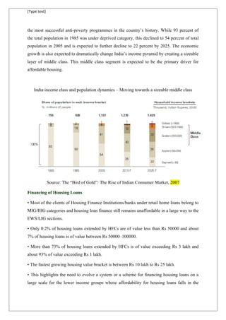[Type text]
the most successful anti-poverty programmes in the country’s history. While 93 percent of
the total population in 1985 was under deprived category, this declined to 54 percent of total
population in 2005 and is expected to further decline to 22 percent by 2025. The economic
growth is also expected to dramatically change India’s income pyramid by creating a sizeable
layer of middle class. This middle class segment is expected to be the primary driver for
affordable housing.
India income class and population dynamics – Moving towards a sizeable middle class
Source: The “Bird of Gold”: The Rise of Indian Consumer Market, 2007
Financing of Housing Loans
• Most of the clients of Housing Finance Institutions/banks under retail home loans belong to
MIG/HIG categories and housing loan finance still remains unaffordable in a large way to the
EWS/LIG sections.
• Only 0.2% of housing loans extended by HFCs are of value less than Rs 50000 and about
7% of housing loans is of value between Rs 50000–100000.
• More than 73% of housing loans extended by HFCs is of value exceeding Rs 3 lakh and
about 93% of value exceeding Rs 1 lakh.
• The fastest growing housing value bracket is between Rs 10 lakh to Rs 25 lakh.
• This highlights the need to evolve a system or a scheme for financing housing loans on a
large scale for the lower income groups whose affordability for housing loans falls in the
 