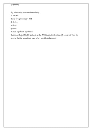 [Type text]
By substituting values and calculating,
Z = 0.046
Level of significance = 0.05
P=0.016
α=0.05
p<0.05
Hence, reject null hypothesis
Inference: Reject Null Hypothesis as the Z(Calculated) is less than (Z) observed. Thus it’s
proved that the households want to buy a residential property.
 