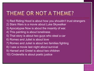 1) Red Riding Hood is about how you shouldn’t trust strangers
2) Stars Wars is a movie about Luke Skywalker
3) Apocalypse Now is about the insanity of war.
4) This painting is about loneliness
5) That story is about two guys who steal a car
6) Romeo and Juliet is about love
7) Romeo and Juliet is about two families fighting
8) I saw a movie last night about survival
9) Hansel and Gretel is about two children
10) Cinderella is about poetic justice
 
