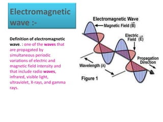 Definition of electromagnetic
wave. : one of the waves that
are propagated by
simultaneous periodic
variations of electric and
magnetic field intensity and
that include radio waves,
infrared, visible light,
ultraviolet, X-rays, and gamma
rays.
 