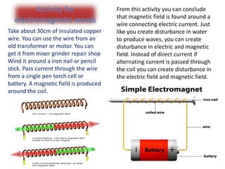 Activity for
electromagnetic waves
Take about 30cm of insulated copper
wire. You can use the wire from an
old transformer or motor. You can
get it from mixer grinder repair shop
Wind it around a iron nail or pencil
stick. Pass current through the wire
from a single pen torch cell or
battery. A magnetic field is produced
around the coil.
From this activity you can conclude
that magnetic field is found around a
wire connecting electric current. Just
like you create disturbance in water
to produce waves, you can create
disturbance in electric and magnetic
field. Instead of direct current if
alternating current is passed through
the coil you can create disturbance in
the electric field and magnetic field.
 