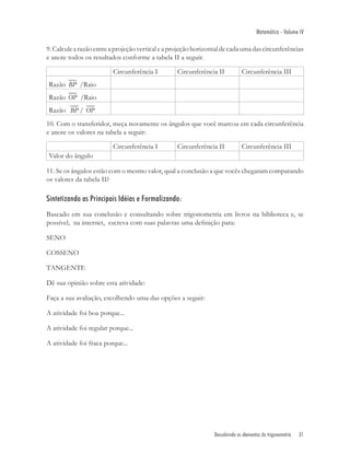 Matemática - Volume IV

9. Calcule a razão entre a projeção vertical e a projeção horizontal de cada uma das circunferências
e anote todos os resultados conforme a tabela II a seguir.

                         Circunferência I         Circunferência II            Circunferência III
Razão BP /Raio
Razão OP /Raio
Razão BP / OP
10. Com o transferidor, meça novamente os ângulos que você marcou em cada circunferência
e anote os valores na tabela a seguir:

                         Circunferência I         Circunferência II            Circunferência III
Valor do ângulo

11. Se os ângulos estão com o mesmo valor, qual a conclusão a que vocês chegaram comparando
os valores da tabela II?

Sintetizando as Principais Idéias e Formalizando:
Baseado em sua conclusão e consultando sobre trigonometria em livros na biblioteca e, se
possível, na internet, escreva com suas palavras uma deﬁnição para:

SENO

COSSENO

TANGENTE

Dê sua opinião sobre esta atividade:

Faça a sua avaliação, escolhendo uma das opções a seguir:

A atividade foi boa porque...

A atividade foi regular porque...

A atividade foi fraca porque...




                                                                 Descobrindo os elementos da trigonometria   31
 