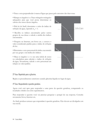 • Trace a reta perpendicular à marca d’água que passa pelo encontro das duas retas.

• Marque os ângulos i e r. Trace triângulos retângulos
adequados para que você possa determinar os
valores dos senos desses ângulos.

• Pela lei de Snell, determine o valor do índice de
refração da água, supondo nar = 1.

• Recolha os índices encontrados pelos outros
grupos de sua classe e calcule a média dos índices
encontrados.

• Pesquise na Internet, em livros etc. e escreva o
valor considerado padrão para o índice de refração
da luz.

• Determine o erro percentual do índice encontrado
por seu grupo e da média dos índices.

• Meça os ângulos i e r e use uma tabela de senos
ou calculadora para calcular o índice de refração
da água. Novamente, calcule o erro percentual em
relação ao valor padrão.




3ª Fase: Repetindo para a glicerina.
Repita os procedimentos anteriores usando glicerina líquida no lugar da água.

4ª Fase: Respondendo à questão geradora.
Agora você está apto para responder a uma parte da questão geradora, comparando os
resultados obtidos nos dois experimentos.

Para responder à questão você vai precisar pesquisar o porquê de sua resposta. Consulte
novamente livros, Internet etc.

Ao ﬁnal, produza cartazes que respondam à questão geradora. Eles devem ser divulgados em
sua escola.




44 Ensino Médio
 