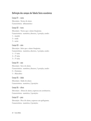 Definição dos campos da Tabela Sócio-econômica
Campo 01 – nome
Descrição: Nome do aluno
Característica: alfanumérico

Campo 02 – turno
Descrição: Turno que o aluno freqüenta.
Característica: numérico, discreto, 1 posição, sendo:
1 – manhã
2 – tarde
3 – noite

Campo 03 – série
Descrição: Série que o aluno freqüenta.
Característica: numérico, discreto, 1 posição, sendo:
1 – 1ª série
2 – 2ª série
3 – 3ª série

Campo 04 – sexo
Descrição: Sexo do aluno.
Característica: numérico, discreto, 1 posição, sendo:
0 – Feminino
1 – Masculino

Campo 05 – idade
Descrição: Idade do aluno.
Característica: numérico, 2 posições

Campo 06 – altura
Descrição: Altura do aluno, expressa em centímetros.
Característica: numérico, 3 posições

Campo 07 – peso
Descrição: Peso do aluno, expresso em quilograma.
Característica: numérico, 2 posições




64 Ensino Médio
 