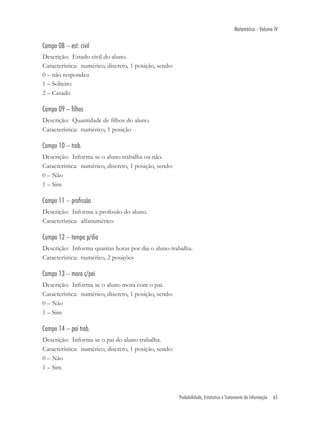 Matemática - Volume IV

Campo 08 – est. civil
Descrição: Estado civil do aluno.
Característica: numérico, discreto, 1 posição, sendo:
0 – não respondeu
1 – Solteiro
2 – Casado

Campo 09 – filhos
Descrição: Quantidade de ﬁlhos do aluno.
Característica: numérico, 1 posição

Campo 10 – trab.
Descrição: Informa se o aluno trabalha ou não.
Característica: numérico, discreto, 1 posição, sendo:
0 – Não
1 – Sim

Campo 11 – profissão
Descrição: Informa a proﬁssão do aluno.
Característica: alfanumérico

Campo 12 – tempo p/dia
Descrição: Informa quantas horas por dia o aluno trabalha.
Característica: numérico, 2 posições

Campo 13 – mora c/pai
Descrição: Informa se o aluno mora com o pai.
Característica: numérico, discreto, 1 posição, sendo:
0 – Não
1 – Sim

Campo 14 – pai trab.
Descrição: Informa se o pai do aluno trabalha.
Característica: numérico, discreto, 1 posição, sendo:
0 – Não
1 – Sim



                                                        Probabilidade, Estatística e Tratamento da Informação   65
 