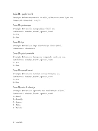 Campo 24 – quantos livros lê
Descrição: Informa a quantidade, em média, de livros que o aluno lê por ano
Característica: numérico, 2 posições

Campo 25– pratica esporte
Descrição: Informa se o aluno pratica esporte ou não.
Característica: numérico, discreto, 1 posição, sendo:
0 – Não
1 – Sim

Campo 26– tipo
Descrição: Informa qual o tipo de esporte que o aluno pratica.
Característica: alfanumérico

Campo 27– possui computador
Descrição: Informa se o aluno possui computador ou não, em casa.
Característica: numérico, discreto, 1 posição, sendo:
0 – Não
1 – Sim

Campo 28– acesso à internet
Descrição: Informa se o aluno tem acesso à internet ou não.
Característica: numérico, discreto, 1 posição, sendo:
0 – Não
1 – Sim

Campo 29– meios de informação
Descrição: Informa qual o principal meio de informação do aluno.
Característica: numérico, discreto, 1 posição, sendo:
1 – Jornal
2 – Televisão
3 – Internet
4 – Rádio
5 – Revistas




68 Ensino Médio
 