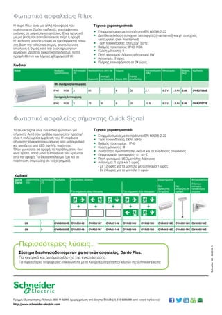 Γραμμή Εξυπηρέτησης Πελατών: 800 11 62900 (χωρίς χρέωση από όλη την Ελλάδα) ή 210 6295268 (από κινητό τηλέφωνο)
http://www.schneider-electric.com
Schneider386-60AD/06.14
Τεχνικά χαρακτηριστικά:
•	 Εναρμονισμένο με τo πρότυπο EN 60598-2-22
•	 Τάση τροφοδοσίας 230V, 50Hz
•	 Βαθμός προστασίας : IP40
•	 Κλάση μόνωσης : ΙΙ
•	 Δυνατότητα εγκατάστασης ακόμα και σε εύφλεκτες επιφάνειες
•	 Θερμοκρασία λειτουργίας: 0…40ο
C
•	 Πηγή φωτισμού: LED μεγάλης διάρκειας
•	 Αυτονομία: 1 ώρα και 3 ώρες
	 - Σε 12 ώρες για τα μοντέλα με αυτονομία 1 ώρας
	 - Σε 24 ώρες για τα μοντέλα 3 ωρών
Tο Quick Signal είναι ένα ειδικό φωτιστικό για
σήμανση. Αυτό που τραβάει αμέσως την προσοχή
είναι η πολύ ωραία εμφάνισή του. Η επιφάνεια
σήμανσης είναι κατασκευασμένη από μεθακρυλικό
και φωτίζεται από LED υψηλής ποιότητας.
Όταν χωνεύεται σε οροφή, το περίβλημα του δεν
είναι ορατό, παρά μόνο η επιφάνεια που κρέμεται
από την οροφή. Το ίδιο αποτέλεσμα έχει και σε
περίπτωση στερέωσης σε τοίχο (σημαία).
Φωτιστικά ασφαλείας Rilux
Φωτιστικά ασφαλείας σήμανσης Quick Signal
Κωδικοί
Rilux Βαθμός
προστασίας
Αυτονομία
(h)
Φωτεινότητα (lm) σε Λάμπα Κατανάλωση
(VA)
Μπαταρία Βάρος
(kg)
Κωδικός
διακοπή
συνεχή
λειτουργία Ισχύς (W)
τύπος
σύνδεσης
Μη συνεχούς λειτουργίας
IP40 IK06 3 90 - 8 G5 2.7 6.0 V 1.5 Ah 0.80 OVA37068E
Συνεχούς λειτουργίας
IP40 IK06 3 75 90 8 G5 10.8 6.0 V 1.5 Ah 0.80 OVA37072E
Κωδικοί
Quick
Signal
Ορατότητα
(m)
Αυτονομία
(h)
Κωδικός Σημάνσεις εξόδου Εξαρτήματα Ανταλλακτικά
Για σήμανση μίας πλευράς Για σήμανση δύο πλευρών
Σετ
χωνευτής
στήριξης
Σετ
στήριξης σε
οροφή
Στήριγμα
επίτοιχης
τοποθέτησης
(σημαία)
28 1 OVA38504E OVA53146 OVA53147 OVA53148 OVA53149 OVA53150 OVA50318Ε OVA50314Ε OVA50316Ε
28 3 OVA38505E OVA53146 OVA53147 OVA53148 OVA53149 OVA53150 OVA50318Ε OVA50314Ε OVA50316Ε
+ + + + +
Τεχνικά χαρακτηριστικά:
•	 Εναρμονισμένο με τo πρότυπο EN 60598-2-22
•	 Διατίθεται έκδοση συνεχούς λειτουργίας (maintained) και μη συνεχούς 		
	 λειτουργίας (non maintained)
•	 Τάση τροφοδοσίας 220/230V, 50Hz
•	 Βαθμός προστασίας: IP40, IK06
•	 Κλάση μόνωσης: ΙΙ
•	 Πηγή φωτισμού: Λάμπες φθορισμού 8W
•	 Αυτονομία: 3 ώρες
•	 Πλήρης επαναφόρτιση σε 24 ώρες
Η σειρά Rilux είναι μια απλή προσφορά που
συνίσταται σε 2 μόνο κωδικούς για συμβατικές
ανάγκες σε μικρές εγκαταστάσεις. Είναι πρακτικό,
με μια βάση που τοποθετείται σε τοίχο ή οροφή.
Η υπόλοιπη μονάδα μπορεί να προσαρμοστεί πάνω
στη βάση την τελευταία στιγμή, αποτρέποντας
απώλειες ή ζημιές κατά την ολοκλήρωση των
εργασιών. Διαθέτει διακριτικό σχεδιασμό, λεπτό
προφίλ 46 mm και λάμπες φθορισμού 8 W.
Περισσότερες λύσεις...
Σύστημα διευθυνσιοδοτούμενων φωτιστικών ασφαλείας: Dardo Plus.
Για κεντρικό και αυτόματο έλεγχο της εγκατάστασης.
Για περισσότερες πληροφορίες επικοινωνήστε με το Κέντρο Εξυπηρέτησης Πελατών της Schneider Electric
 