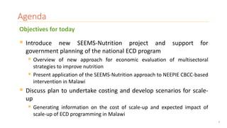3
Agenda
 Introduce new SEEMS-Nutrition project and support for
government planning of the national ECD program
 Overvie...