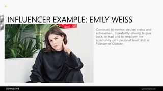 INFLUENCER EXAMPLE: EMILY WEISS
Continues to mentor, despite status and
achievement. Constantly striving to give
back, to lead and to empower the
community on a personal level, and as
Founder of Glossier.
seenconnects.com
 