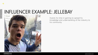 INFLUENCER EXAMPLE: JELLEBAY
Invests his time in gaming to spread his
knowledge and understanding of the industry to
his community.
seenconnects.com
 
