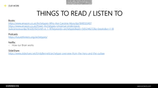 THINGS TO READ / LISTEN TO
OUR WORK
seenconnects.com
Books:
https://www.amazon.co.uk/Archetypes-Who-Are-Caroline-Myss/dp/1848503407
https://www.amazon.co.uk/Power-Archetypes-Universal-Understand-
Subconscious/dp/1632651025/ref=sr_1_18?keywords=archetypes&qid=1583248272&s=books&sr=1-18
Podcasts:
https://futurethinkers.org/archetypes/
Netflix:
- How our Brain works
SlideShare:
https://www.slideshare.net/EmilyBennett/archetype-overview-from-the-hero-and-the-outlaw
 