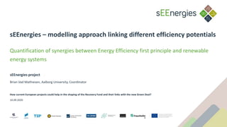 sEEnergies – modelling approach linking different efficiency potentials
Quantification of synergies between Energy Efficiency first principle and renewable
energy systems
sEEnergies project
10.09.2020
How current European projects could help in the shaping of the Recovery Fund and their links with the new Green Deal?
Brian Vad Mathiesen, Aalborg University, Coordinator
 