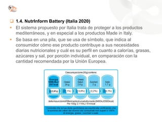 ❑ 1.4. NutrInform Battery (Italia 2020)
▪ El sistema propuesto por Italia trata de proteger a los productos
mediterráneos, y en especial a los productos Made in Italy.
▪ Se basa en una pila, que se usa de símbolo, que indica al
consumidor cómo ese producto contribuye a sus necesidades
diarias nutricionales y cuál es su perfil en cuanto a calorías, grasas,
azúcares y sal, por porción individual, en comparación con la
cantidad recomendada por la Unión Europea.
 