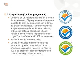 ❑ 2.2. My Choice (Choices programme)
▪ Consiste en un logotipo positivo en el frente
de los envases. El programa consiste en un
modelo de perfil de nutrientes con criterios
de grupos específicos. Numerosos países
adoptaron voluntariamente este sistema,
entre ellos Bélgica, Republica Checa,
Países Bajos y Polonia implementaron el
Logo “Choices” desde el 2007 en adelante.
▪ Países Bajos lo retiró en 2017.
▪ Define los niveles máximos de grasas
saturadas, grasas trans, sal y azúcar
añadido y los niveles mínimos de fibra de
100 g de producto. Todo ello teniendo en
cuenta la categoría del alimento.
 