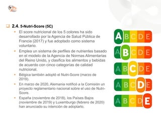 ❑ 2.4. 5-Nutri-Score (5C)
▪ El score nutricional de los 5 colores ha sido
desarrollado por la Agencia de Salud Pública de
Francia (2017) y fue adoptado como sistema
voluntario.
▪ Emplea un sistema de perfiles de nutrientes basado
en el modelo de la Agencia de Normas Alimentarias
del Reino Unido, y clasifica los alimentos y bebidas
de acuerdo con cinco categorías de calidad
nutricional.
▪ Bélgica también adoptó el Nutri-Score (marzo de
2019).
▪ En marzo de 2020, Alemania notificó a la Comisión un
proyecto reglamentario nacional sobre el uso de Nutri-
Score.
▪ España (noviembre de 2018), los Países Bajos
(noviembre de 2019) y Luxemburgo (febrero de 2020)
han anunciado su intención de adoptarlo.
 