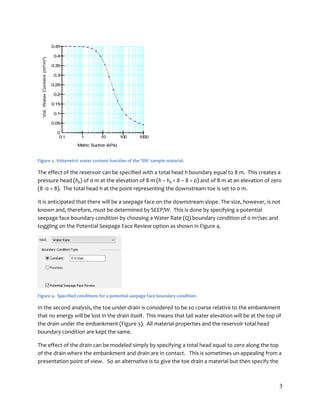 3
Vol.WaterContent(m³/m³)
Matric Suction (kPa)
0
0.05
0.1
0.15
0.2
0.25
0.3
0.35
0.4
0.45
0.1 10001 10 100
Figure 3. Volumetric water content function of the ‘Silt’ sample material.
The effect of the reservoir can be specified with a total head h boundary equal to 8 m. This creates a
pressure head (hp) of 0 m at the elevation of 8 m (h – hp = 8 – 8 = 0) and of 8 m at an elevation of zero
(8 -0 = 8). The total head h at the point representing the downstream toe is set to 0 m.
It is anticipated that there will be a seepage face on the downstream slope. The size, however, is not
known and, therefore, must be determined by SEEP/W. This is done by specifying a potential
seepage face boundary condition by choosing a Water Rate (Q) boundary condition of 0 m3/sec and
toggling on the Potential Seepage Face Review option as shown in Figure 4.
Figure 4. Specified conditions for a potential seepage face boundary condition.
In the second analysis, the toe under-drain is considered to be so coarse relative to the embankment
that no energy will be lost in the drain itself. This means that tail water elevation will be at the top of
the drain under the embankment (Figure 5). All material properties and the reservoir total head
boundary condition are kept the same.
The effect of the drain can be modeled simply by specifying a total head equal to zero along the top
of the drain where the embankment and drain are in contact. This is sometimes un-appealing from a
presentation point of view. So an alternative is to give the toe drain a material but then specify the
 