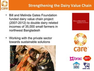 Strengthening the Dairy Value Chain Bill and Melinda Gates Foundation funded dairy value chain project (2007-2012) to double dairy related incomes of 35,000 small farmers in northwest Bangladesh Working with the private sector towards sustainable solutions  