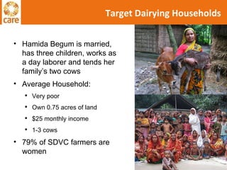 Target Dairying Households Hamida Begum is married, has three children, works as a day laborer and tends her family’s two cows  Average Household: Very poor Own 0.75 acres of land $25 monthly income 1-3 cows 79% of SDVC farmers are women 