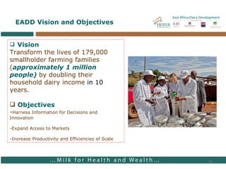 EADD Vision and Objectives Vision Transform the lives of 179,000 smallholder farming families ( approximately 1 million people)  by doubling their household dairy income  in 10  years. Objectives - Harness Information for Decisions and Innovation -Expand Access to Markets -Increase Productivity and Efficiencies of Scale 