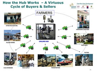How the Hub Works  – A Virtuous Cycle of Buyers & Sellers TRANSPORTERS TESTING FARMERS FIELD DAYS FEED SUPPLY AI & EXTENSION VILLAGE BANKS OTHER RELATED MEs HARDWARE SUPPLIERS CHILLING HUB 