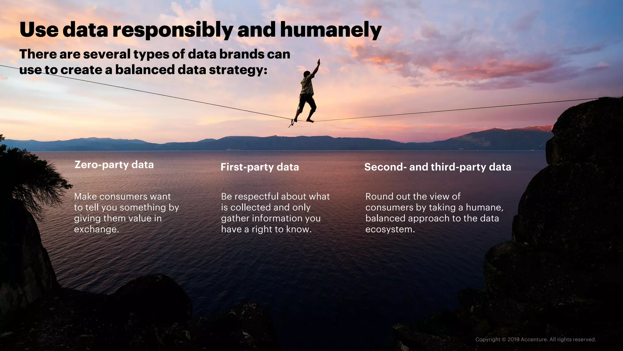 There are several types of data brands can
use to create a balanced data strategy:
Use data responsibly and humanely
Zero-party data First-party data
Make consumers want
to tell you something by
giving them value in
exchange.
Be respectful about what
is collected and only
gather information you
have a right to know.
Second- and third-party data
Round out the view of
consumers by taking a humane,
balanced approach to the data
ecosystem.
 