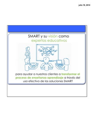 julio 18, 2014
SMART y su visión como
expertos educativos
para ayudar a nuestros clientes a transformar el
proceso de enseñanza aprendizaje a través del
uso efectivo de las soluciones SMART
 