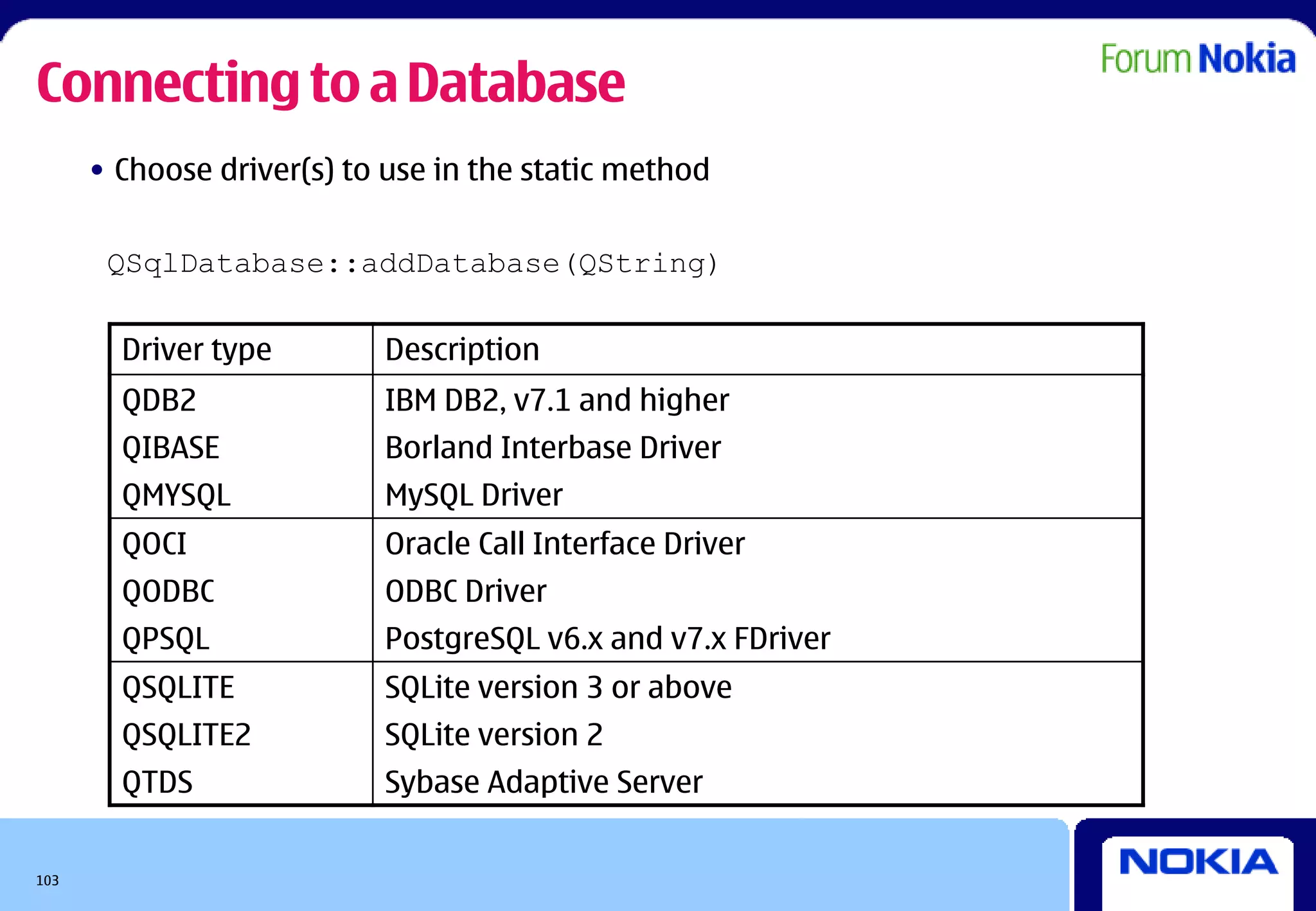 Connecting to a Database
      • Choose driver(s) to use in the static method


       QSqlDatabase::addDatabase(QString)

        Driver type        Description
        QDB2               IBM DB2, v7.1 and higher
        QIBASE             Borland Interbase Driver
        QMYSQL             MySQL Driver
        QOCI               Oracle Call Interface Driver
        QODBC              ODBC Driver
        QPSQL              PostgreSQL v6.x and v7.x FDriver
        QSQLITE            SQLite version 3 or above
        QSQLITE2           SQLite version 2
        QTDS               Sybase Adaptive Server


103
 