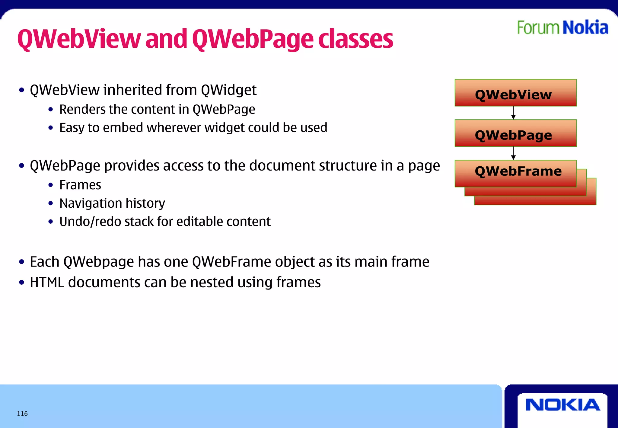 QWebView and QWebPage classes
• QWebView inherited from QWidget                                QWebView
      • Renders the content in QWebPage
      • Easy to embed wherever widget could be used
                                                                 QWebPage

• QWebPage provides access to the document structure in a page   QWebFrame
      • Frames
      • Navigation history
      • Undo/redo stack for editable content


• Each QWebpage has one QWebFrame object as its main frame
• HTML documents can be nested using frames




116
 