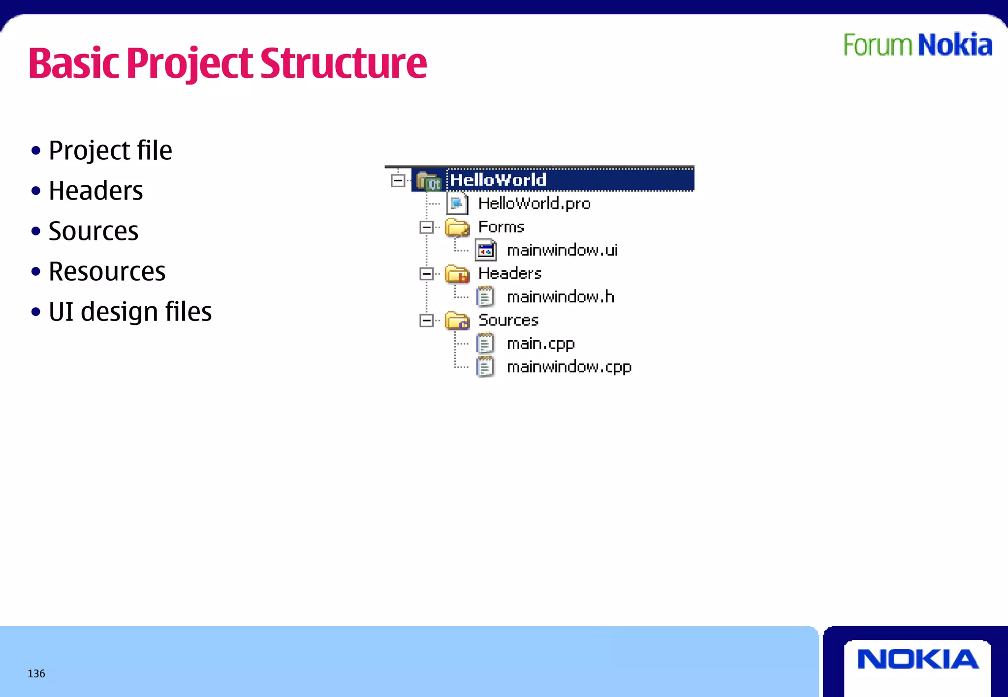 Basic Project Structure
• Project file
• Headers
• Sources
• Resources
• UI design files




136
 