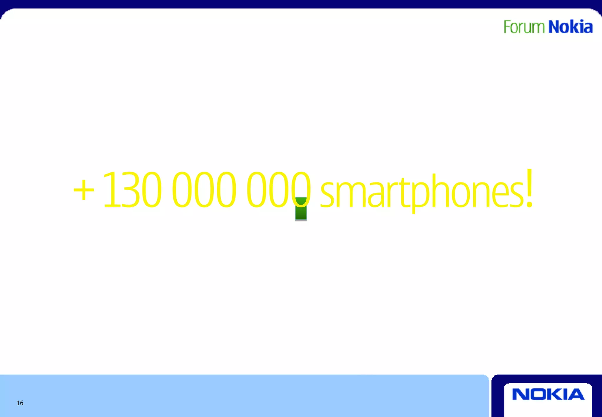 Nov 2009 : get your Qt app running
                on more than
       + 130 000 000 smartphones!
     - Not to mention that Qt runs on all major
                desktop OSs as well

16
 