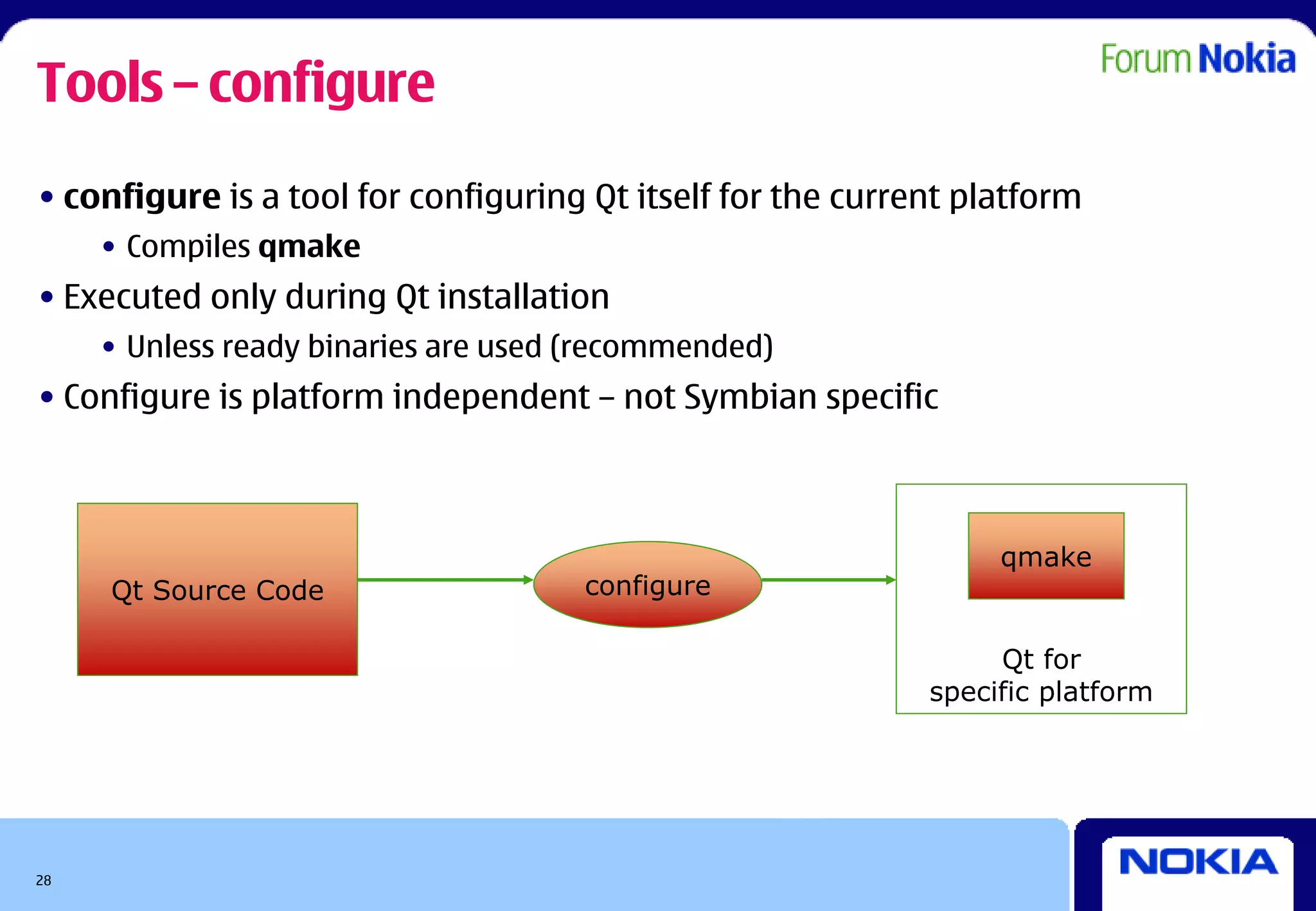 Tools – configure
• configure is a tool for configuring Qt itself for the current platform
     • Compiles qmake
• Executed only during Qt installation
     • Unless ready binaries are used (recommended)
• Configure is platform independent – not Symbian specific



                                                                  qmake
     Qt Source Code                   configure

                                                                  Qt for
                                                             specific platform




28
 